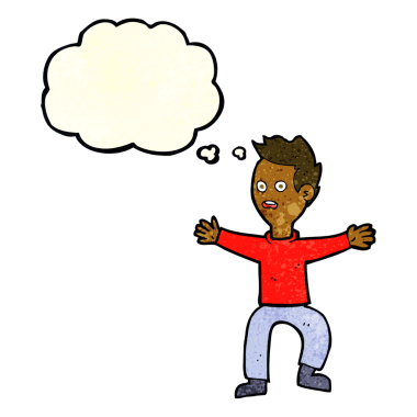 Bir insan tarafından çizilen düşünce baloncuğuyla panikleyen çizgi film adamı.