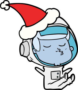 Bir insan tarafından çizilmiş Noel Baba şapkası giyen kendinden emin bir astronotun el çizimi.