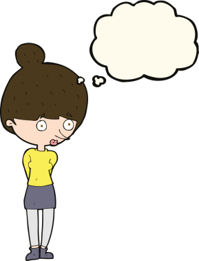 Bir insan tarafından çizilmiş düşünce balonuyla bakan çizgi film kadını.