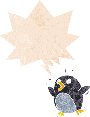 çizgi film korkmuş penguen grunge içinde konuşma baloncuğu bir insan tarafından çizilmiş sıkıntılı retro dokuma tarzı