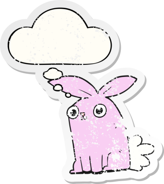 Düşünce baloncuğu olan çizgi film tavşanı insan tarafından çizilmiş yıpranmış bir çıkartma.