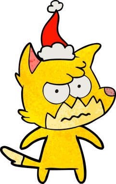 Bir insan tarafından çizilmiş Noel Baba şapkası takan rahatsız bir tilkinin el çizimi karikatürü.