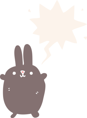 Konuşma baloncuklu çizgi film tavşanı insan tarafından çizilmiş.