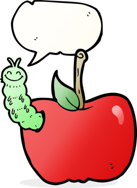 bir insan tarafından çizilmiş konuşma balonlu bir böcek ile çizgi film elması