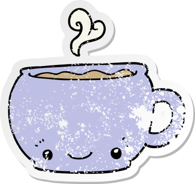 Bir insan tarafından çizilmiş sıcak bir fincan kahvenin sıkıntılı çıkartması.