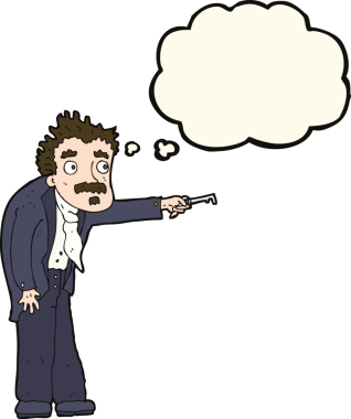 Bir insan tarafından çizilmiş düşünce baloncuğuyla anahtarla titreyen çizgi film adamı.