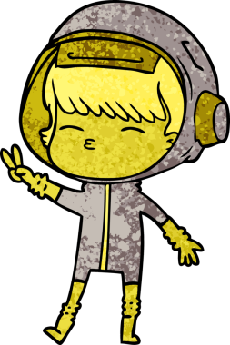 Bir insan tarafından çizilmiş barış işareti yapan uzay kızı çizgi filmi.