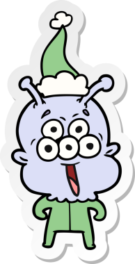 Bir insan tarafından çizilmiş Noel Baba şapkası giyen bir uzaylının mutlu el çizimi karikatürü.