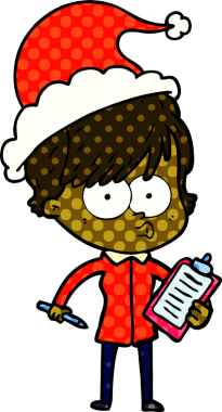 Bir insan tarafından çizilmiş Noel Baba şapkası giyen bir kadının el çizimi çizgi roman tarzı çizimi.