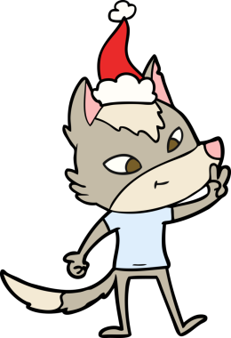 Arkadaş canlısı el çizimi çizimi, bir insan tarafından çizilmiş Noel Baba şapkasıyla barış işareti yapan bir kurt.