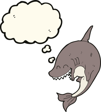 Bir insan tarafından çizilmiş düşünce baloncuklu çizgi film köpekbalığı.