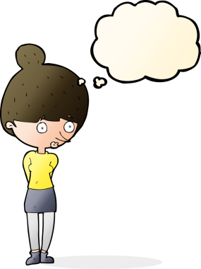 Bir insan tarafından çizilmiş düşünce balonuyla bakan çizgi film kadını.