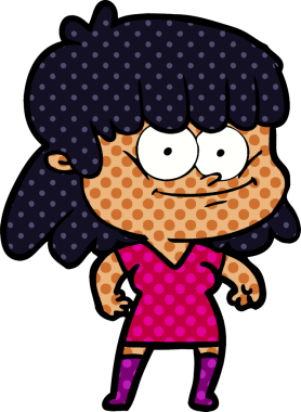 Bir insan tarafından çizilmiş gülümseyen çizgi film kızı.