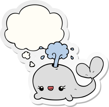 Bir insan tarafından çizilmiş bir çıkartma olarak düşünce baloncuğu olan sevimli çizgi film balinası.