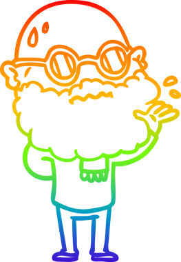 Bir insan tarafından çizilmiş sakallı ve gözlüklü endişeli bir çizgi film çizimi.