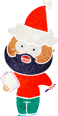 Elle çizilmiş eski bir sakallı adam karikatürü. Elinde pano ve kalemle bir insan tarafından çizilmiş Noel Baba şapkası var.