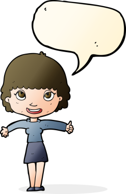 Bir insan tarafından çizilmiş konuşma balonlu mutlu kız çizgi filmi.