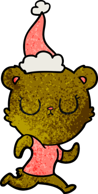 Bir insan tarafından çizilmiş Noel Baba şapkasıyla koşan bir ayının çizilmiş el çizimi.