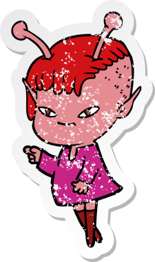 Bir insan tarafından çizilmiş sevimli uzaylı bir kızın sıkıntılı çıkartması.