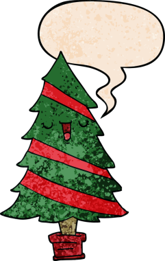 Bir insan tarafından çizilmiş eski dokuda konuşma baloncuğu olan çizgi film Noel ağacı.