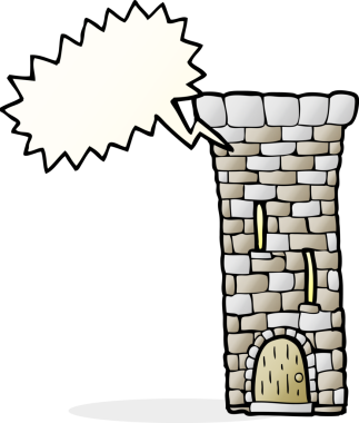 Bir insan tarafından çizilmiş serbest konuşma balonu karikatürü eski kale kulesi