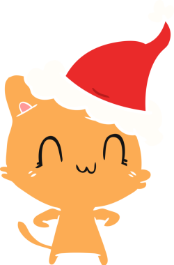 Bir insan tarafından çizilmiş Noel Baba şapkası takan mutlu bir kedinin düz renkli çizimi.