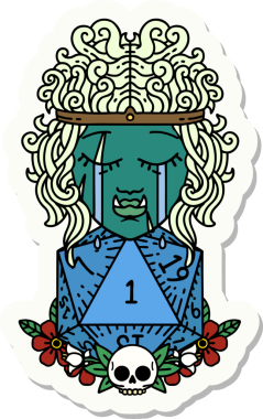 Hüzünlü bir ork barbar karakterinin çıkartması. Doğal bir d20 ruloyla bir insan tarafından çizilmiş.