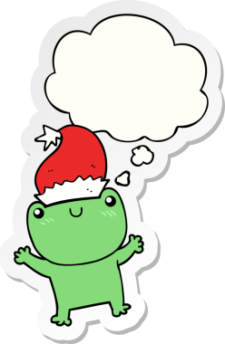 Düşünce baloncuklu Noel şapkası takan şirin bir kurbağa insan tarafından çizilmiş bir çıkartma.