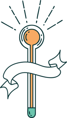 Bir insan tarafından çizilmiş dövme stili cam termometresi olan parşömen.