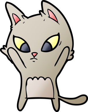 Bir insan tarafından çizilmiş kafası karışmış çizgi film kedisi.