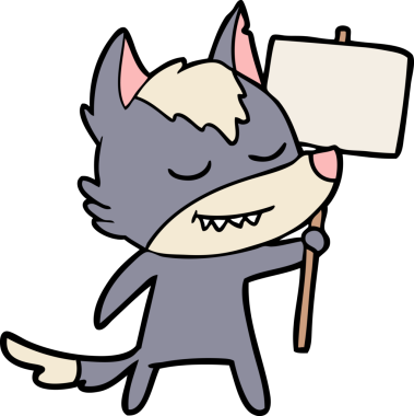 Bir insan tarafından çizilmiş boş tabelalı, dost canlısı bir kurt.