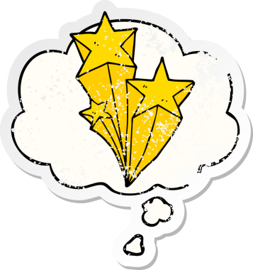 Düşünce baloncuğuyla kayan çizgi film yıldızları bir insan tarafından çizilmiş yıpranmış bir çıkartma gibi.