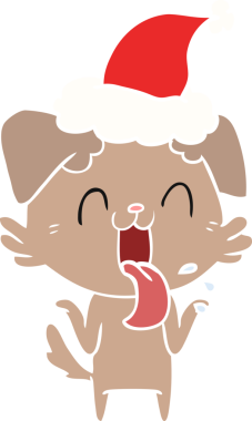 Bir insanın çizdiği Noel Baba şapkasını takan, nefes nefese kalmış, omuz silken bir köpeğin düz çizimi.