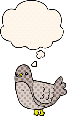 Çizgi roman tarzında düşünce baloncuğu olan çizgi film kuşu insan tarafından çizilmiş.