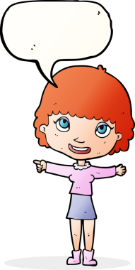 Bir insan tarafından çizilmiş konuşma balonuyla işaret eden mutlu kadın çizgi filmi.