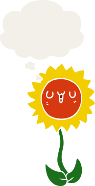 Düşünce baloncuğu olan karikatür çiçeği insan tarafından çizilmiş.