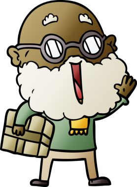 Bir insan tarafından çizilmiş sakallı ve kolunun altında paket olan neşeli çizgi film adamı.