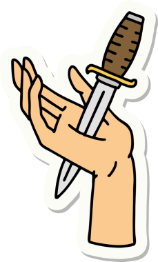 Bir insan tarafından çizilmiş eline geleneksel bir hançer stili dövme çıkartması.