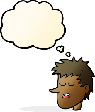 Bir insan tarafından çizilmiş düşünce baloncuklu mutlu çocuk yüzü.