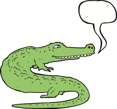 Bir insan tarafından çizilmiş konuşma balonlu çizgi film timsahı.