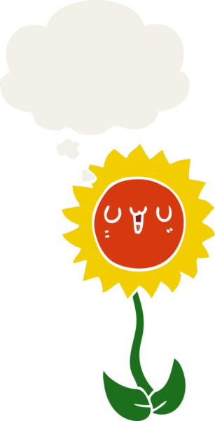 Düşünce baloncuğu olan karikatür çiçeği insan tarafından çizilmiş.