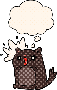 Çizgi roman tarzında bir insan tarafından çizilmiş düşünce baloncuğu ile şok olmuş bir kedi.