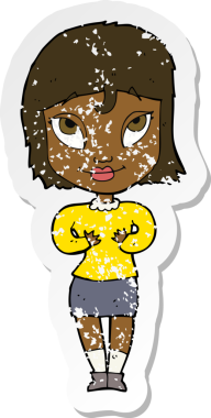 Bir insan tarafından çizilmiş kendine işaret eden karikatür bir kadının gerilimli retro yapıştırması.