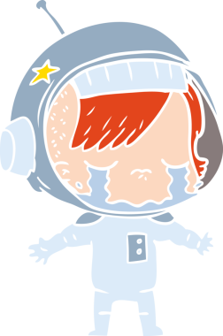 Düz renkli çizgi film ağlayan astronot kız bir insan tarafından çizilmiş.