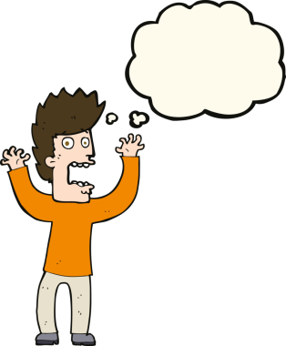 Bir insan tarafından çizilmiş düşünce baloncuğuyla dehşete düşmüş bir adam.