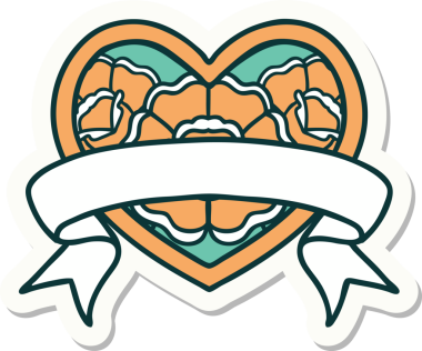 Geleneksel kalp stili dövme çıkartması ve bir insan tarafından çizilmiş çiçekli pankart.