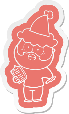 Bir insan tarafından çizilmiş bir Noel Baba şapkası takan sakallı bir adamın garip bir karikatür çıkartması.