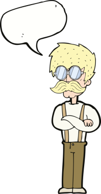 Bir insan tarafından çizilmiş, bıyıklı ve gözlüklü bir hippi çizgi film karakteri.