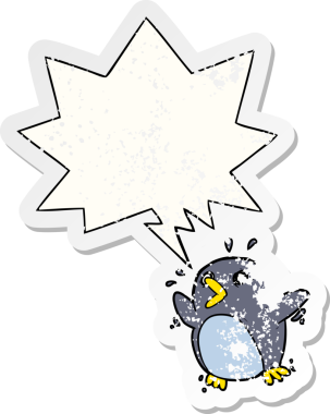 Çizgi film korkmuş penguen konuşma baloncuğu bir insan tarafından çizilmiş sıkıntılı eski bir çıkartma