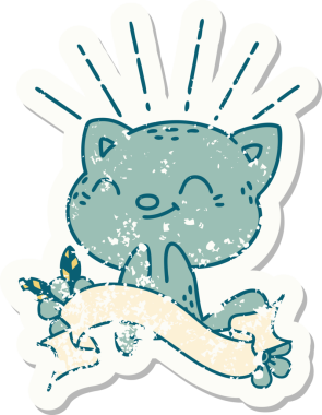 Bir insan tarafından çizilmiş eski bir dövme stili mutlu bir kedi.